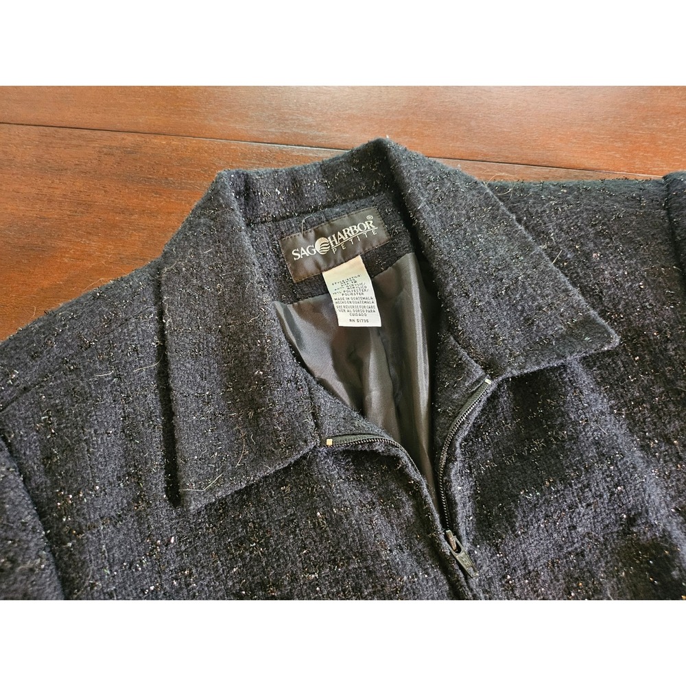 Sag Harbor Petite Jacket Women 12 Black Metallic Boucle Zip Up H22100
